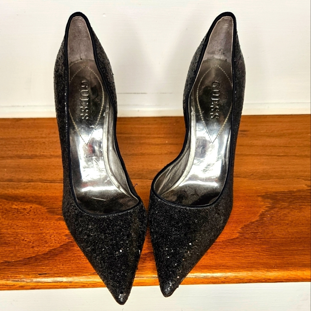 Guess Black Glitter Heels (Used Like New), Black Color, Size 7